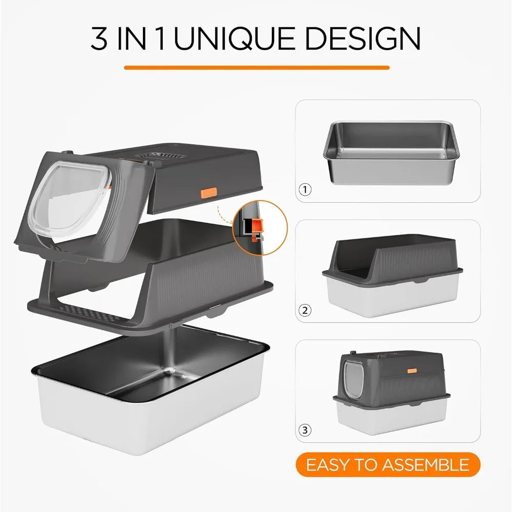 Extra Large Enclosed Stainless Steel Litter Box with Lid Scoop and Mat Odor Control for Big Cats