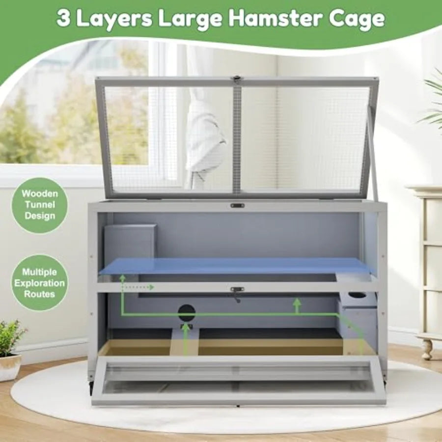 Three Tier Wooden Hamster Cage With Removable Ramps And Doors