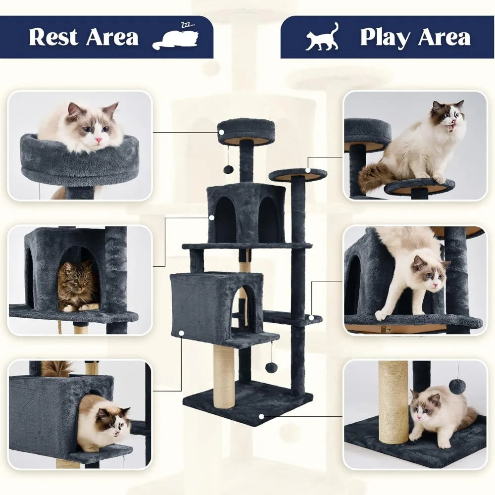 Large Multi-Level Cat Tree Condo Indoor Climbing Tower Scratching Post Sisal Soft Plush Black Grey