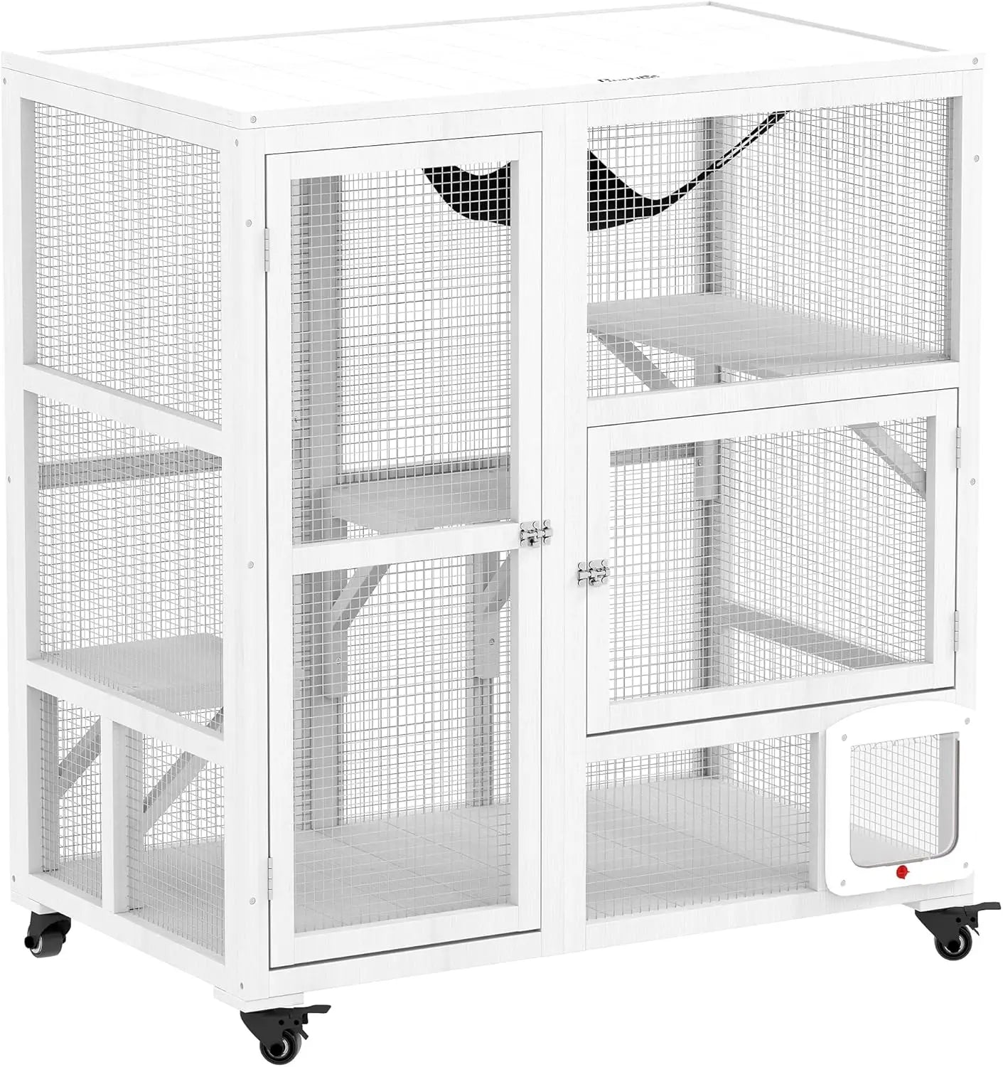 Indoor Wooden Cat Enclosure On Wheels With Three Platforms Hammock Cat Flap Door
