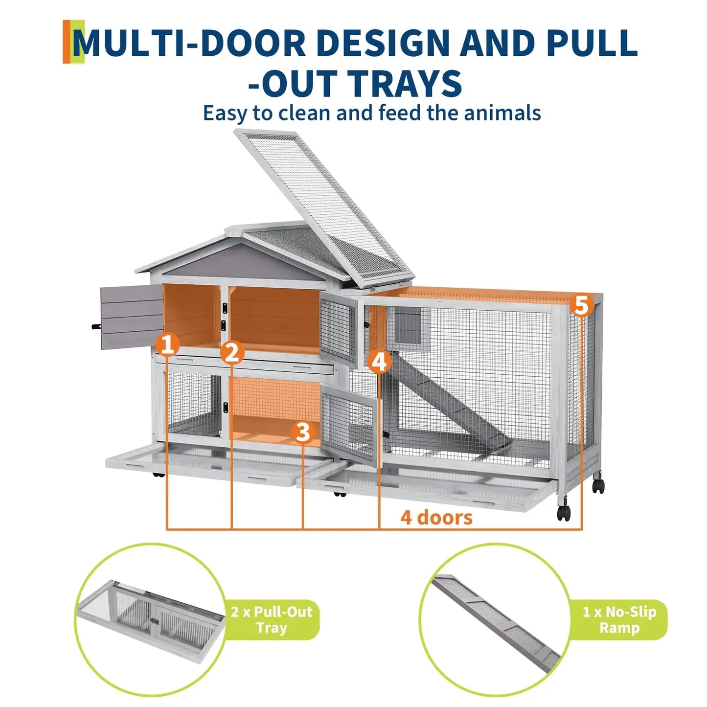 HiMISS Two Story Weatherproof Rabbit Hutch With Lockable Wheels Indoor Outdoor