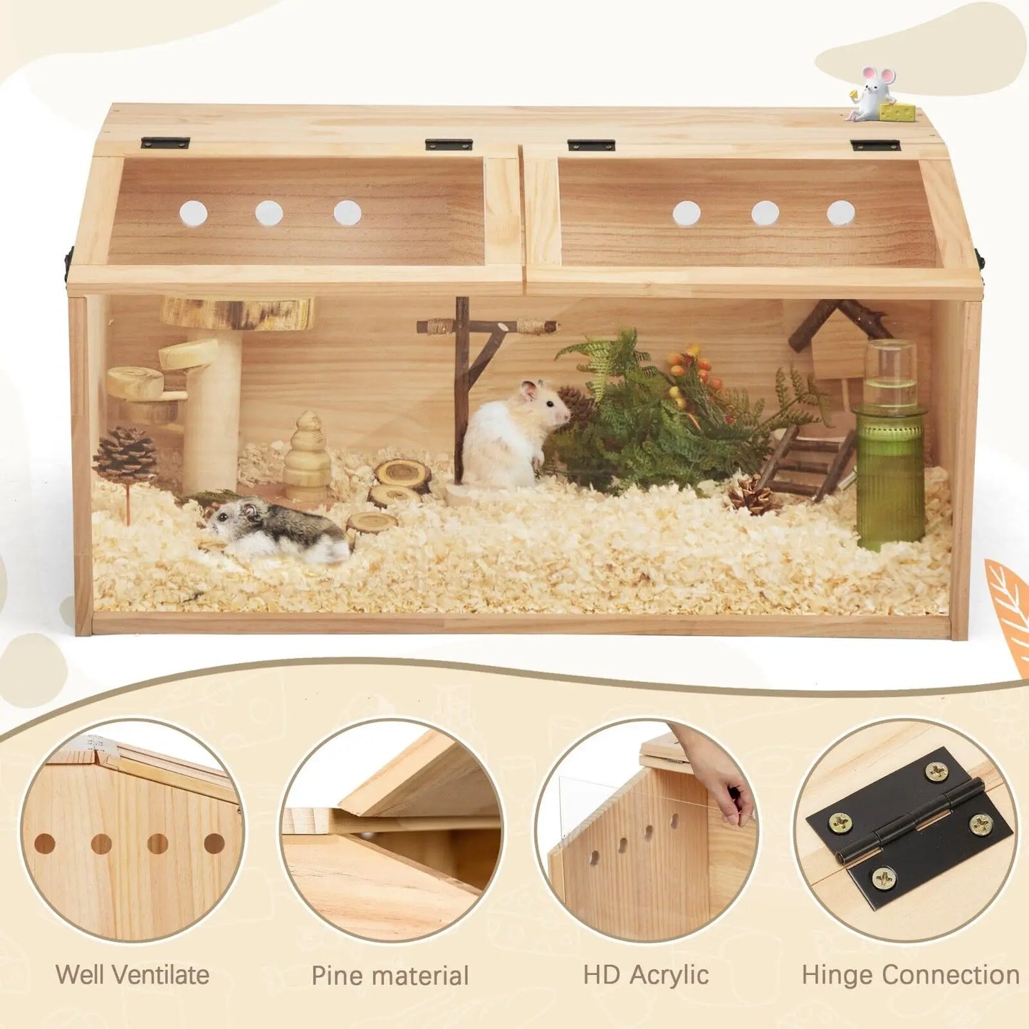 Wooden Hamster Cage And Hutch With Openable Top Hideout For Small Animals