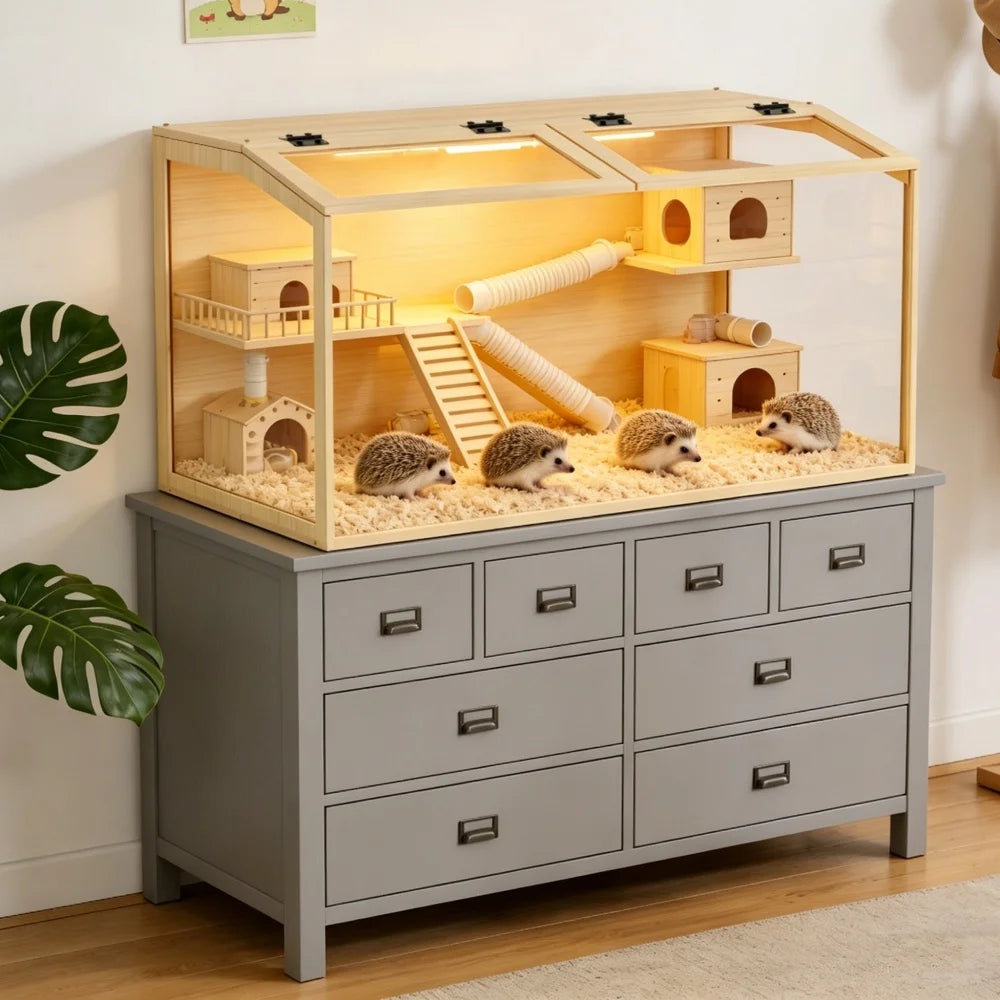 Large Wooden Hamster Cage Clear Tempered Glass Pet Small Animal Habitat Cage Playful House Built-in LED Light with Openable Roof