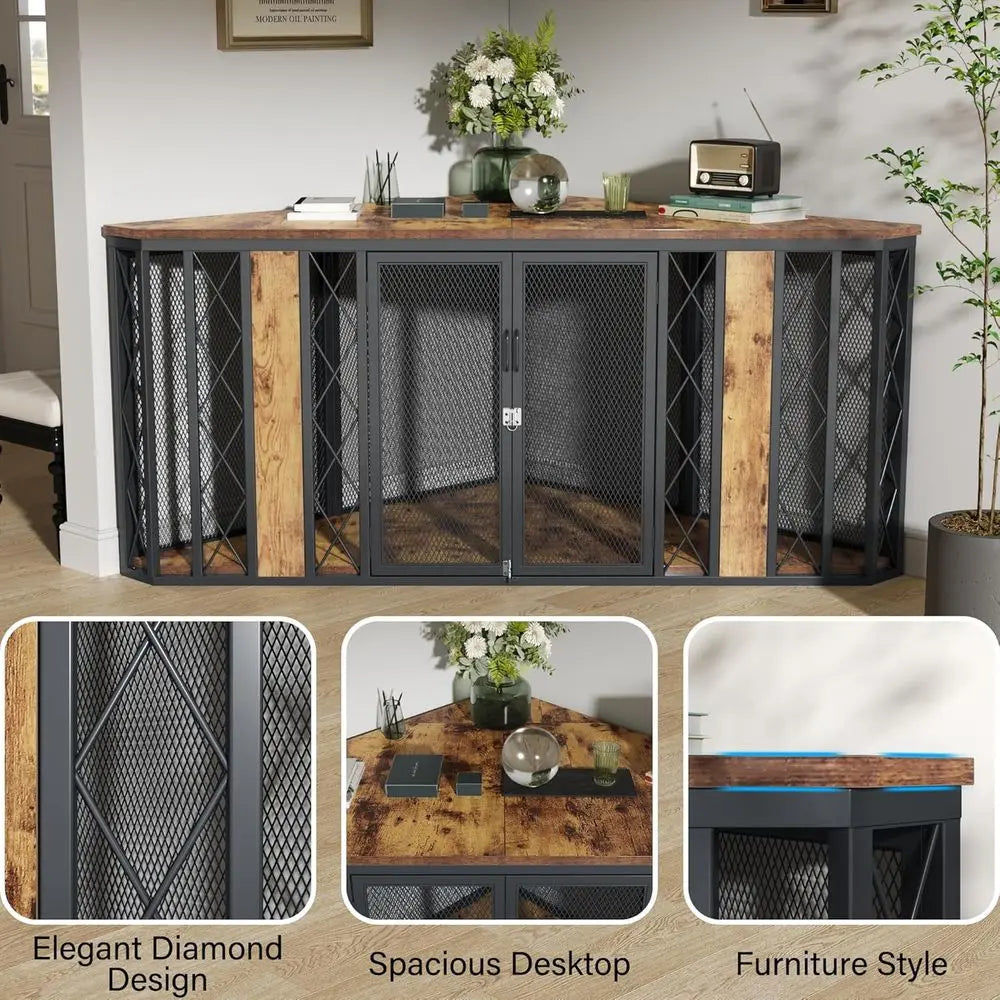 Corner Wooden Dog Crate Furniture With Diamond Metal Accent