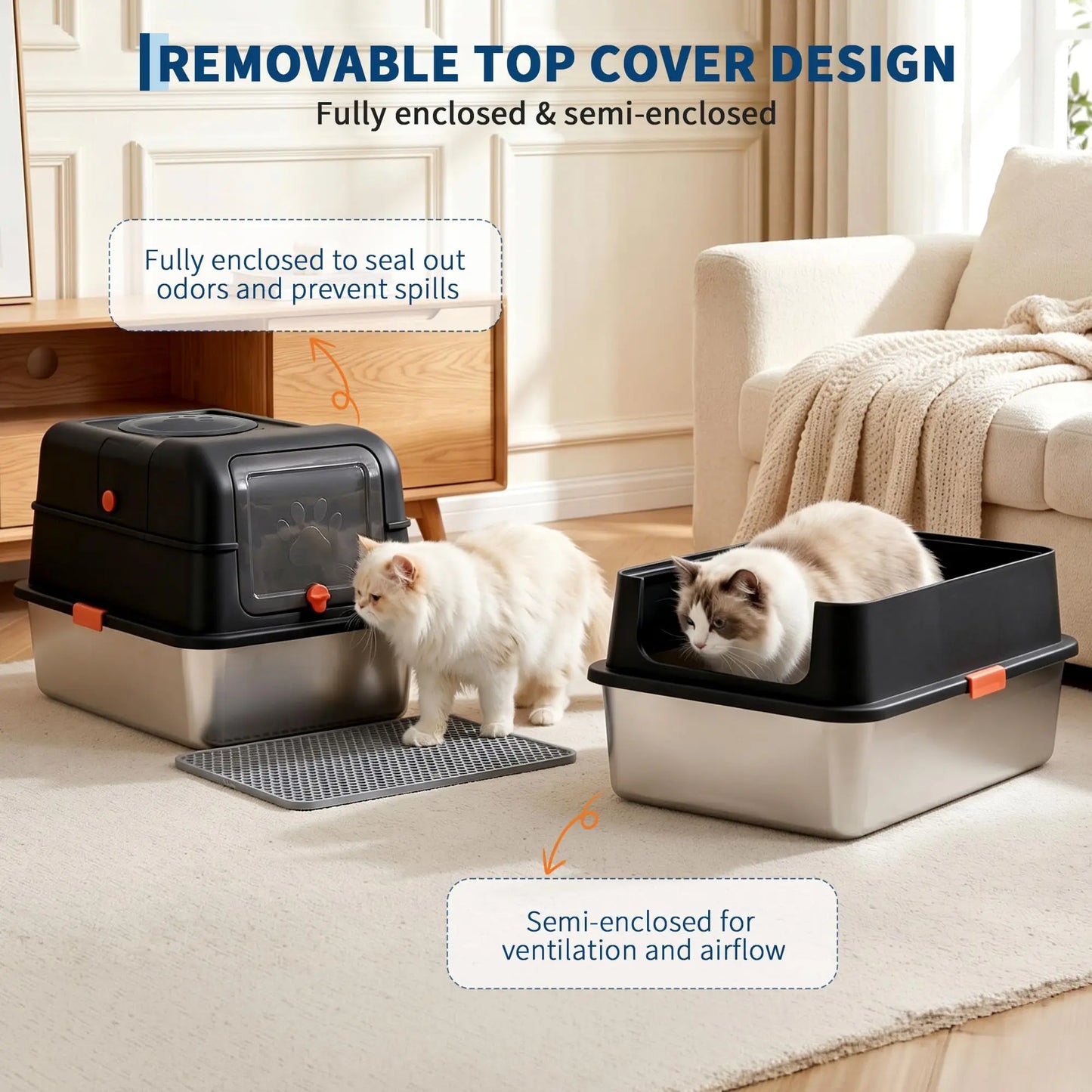 Enclosed Stainless Steel Litter Box With Lid Dog Proof XL Metal Litter Pan High Sided Anti Leak Front Entry Top Exit For Big Cats Includes Scoop For Multi Cat Home