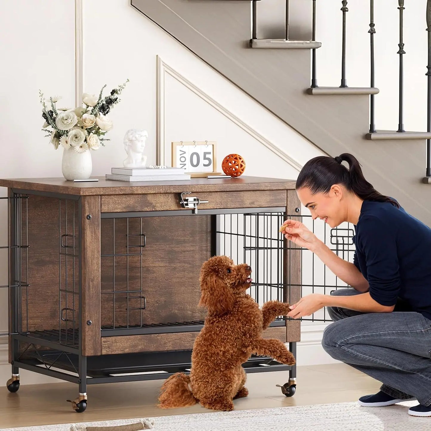 HiMISS Rustic Dog Crate Furniture With Wheels Indoor AntiChew Kennel