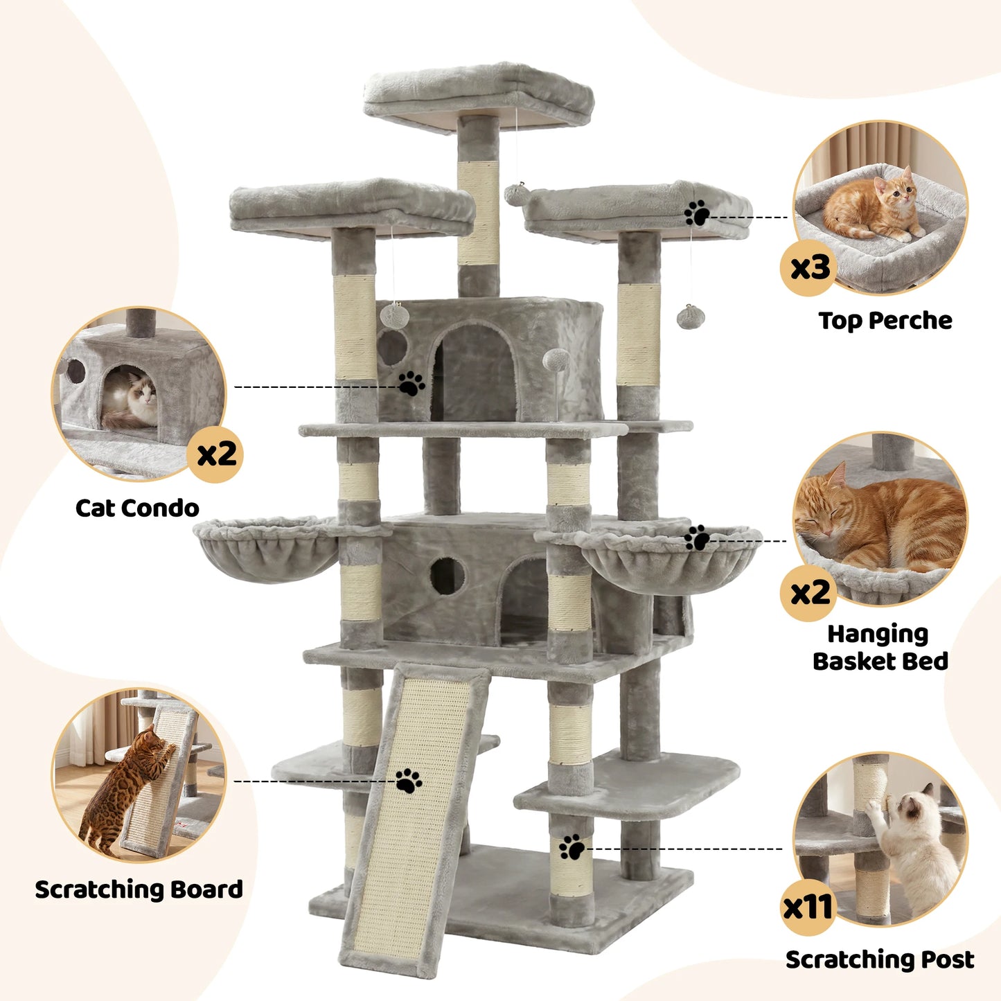 FOOWIN 173cm 68in Large Multi Level Cat Tree Tower Indoor Activity Center 2 Condos 3 Plush Perches Scratching Post Kitten Pet