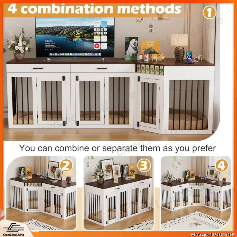 Wooden Dog Crate Furniture for Three Dogs Heavy Duty Double Kennel