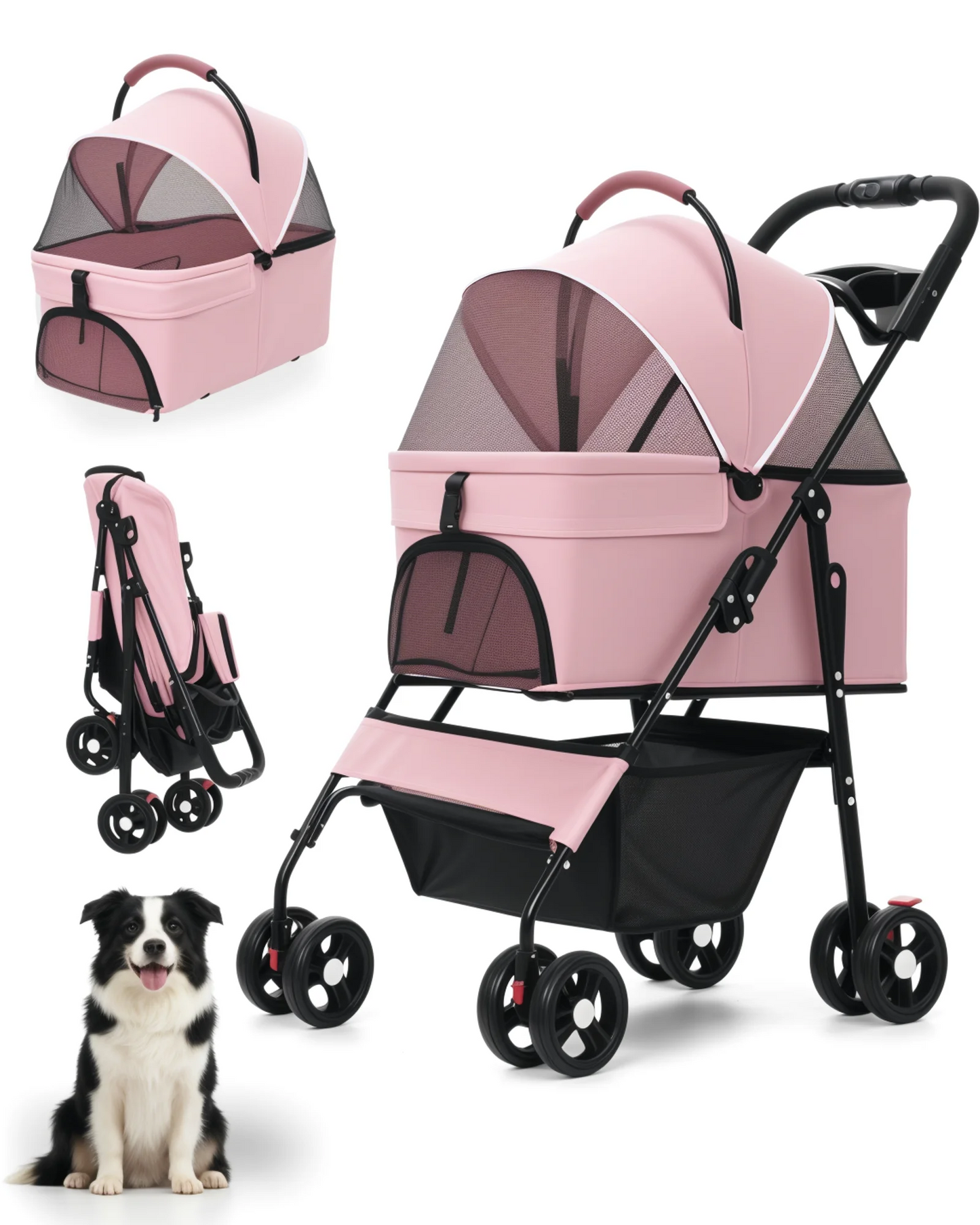 2-in-1Pet Stroller for Small Dogs Cats Foldable Lightweight 4 Wheel Dog Stroller with Removable Carrier Travel Portable Pet Cart