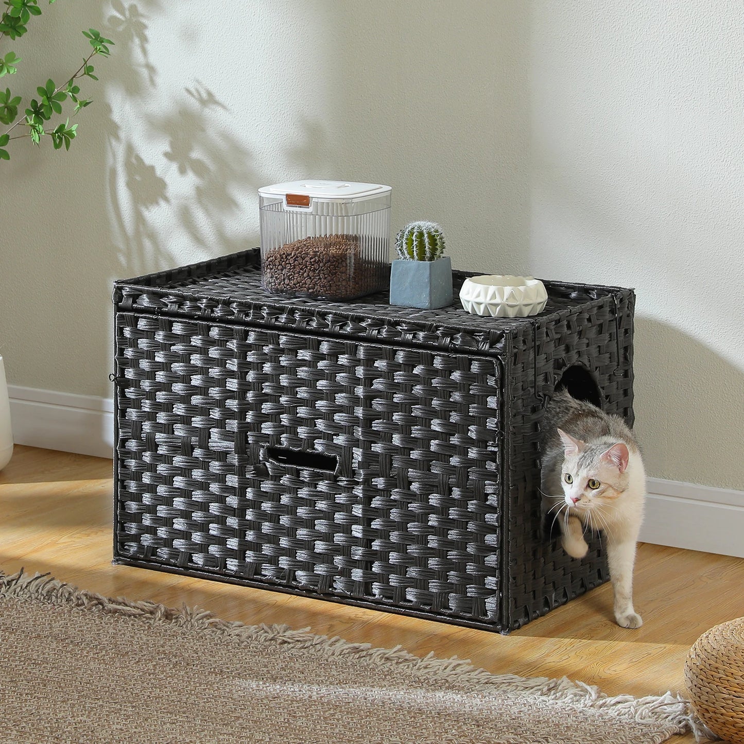 PEQULTI Rattan Cat Litter Box Enclosure With Taller Doorway And Raised Edge Mat