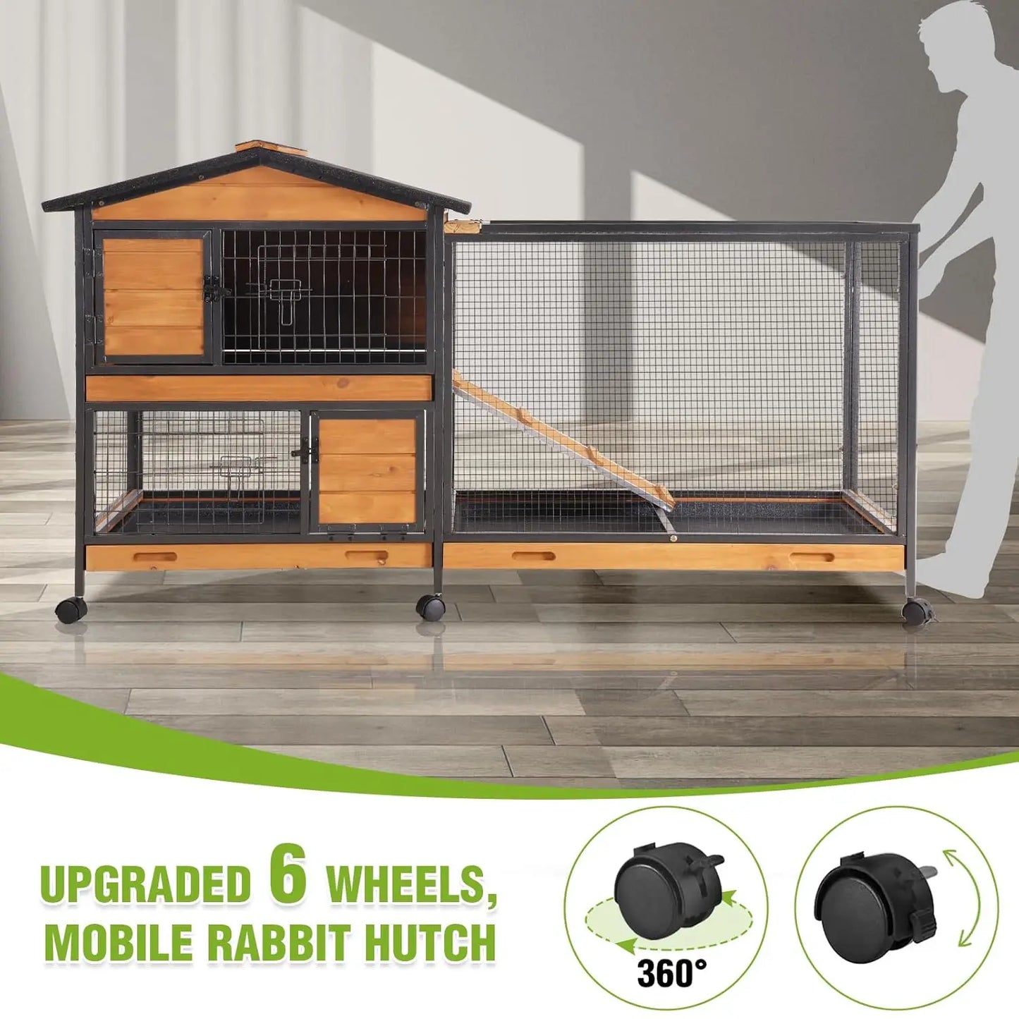 Two Story Rabbit Hutch With Chewproof Full Metal Frame And Locking Casters
