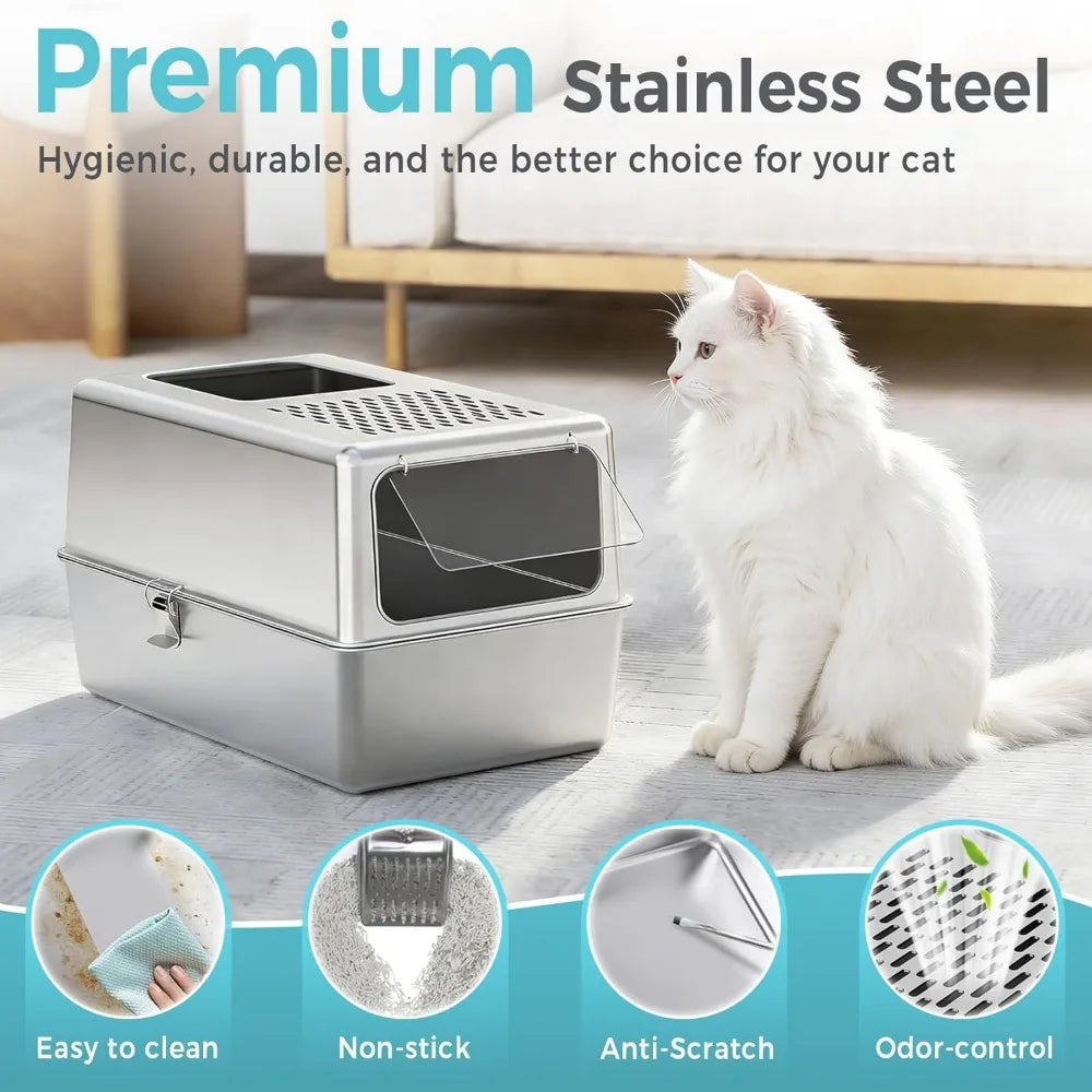 Enclosed Stainless Steel Litter Box High Sided Odor Control Easy Clean