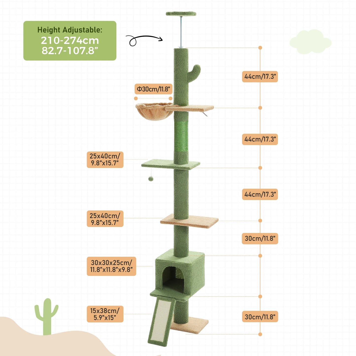 PEQULTI Cactus Cat Tree Floor To Ceiling Tower With Sisal Scratching Post