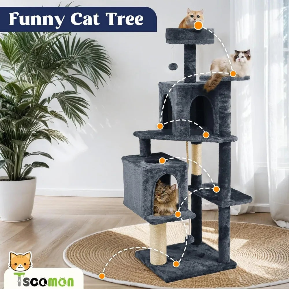 Large Multi-Level Cat Tree Condo Indoor Climbing Tower Scratching Post Sisal Soft Plush Black Grey