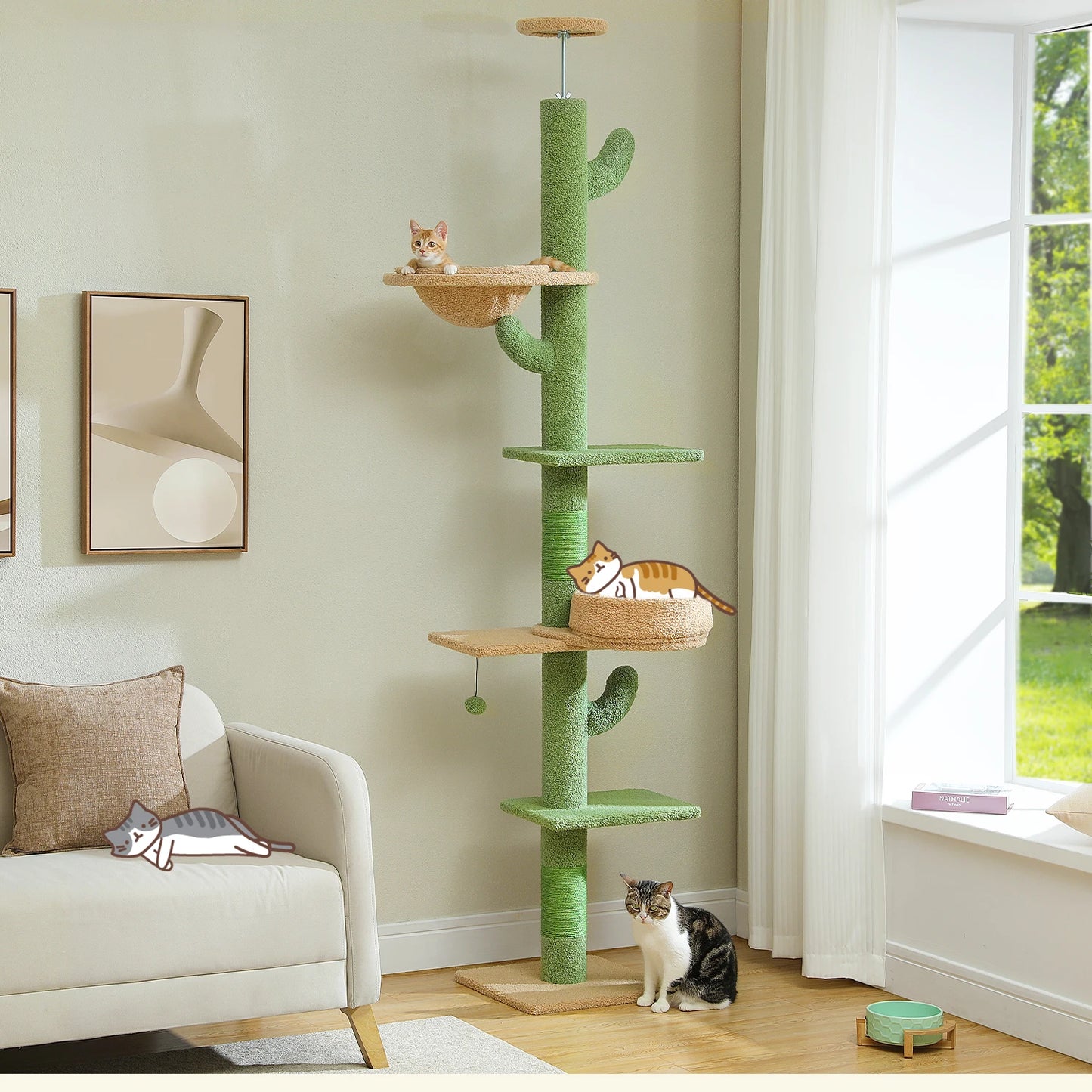 PEQULTI Cactus Cat Tree Floor To Ceiling Tower With Sisal Scratching Post