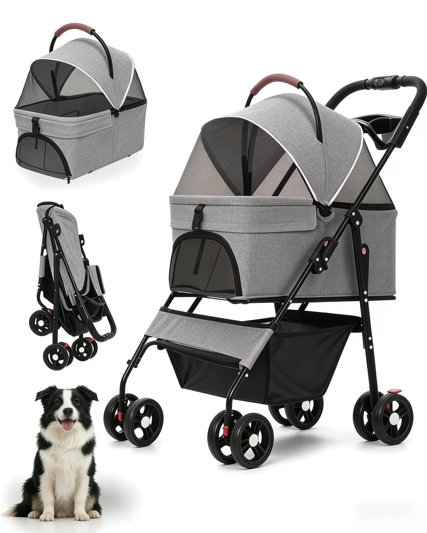2-in-1Pet Stroller for Small Dogs Cats Foldable Lightweight 4 Wheel Dog Stroller with Removable Carrier Travel Portable Pet Cart