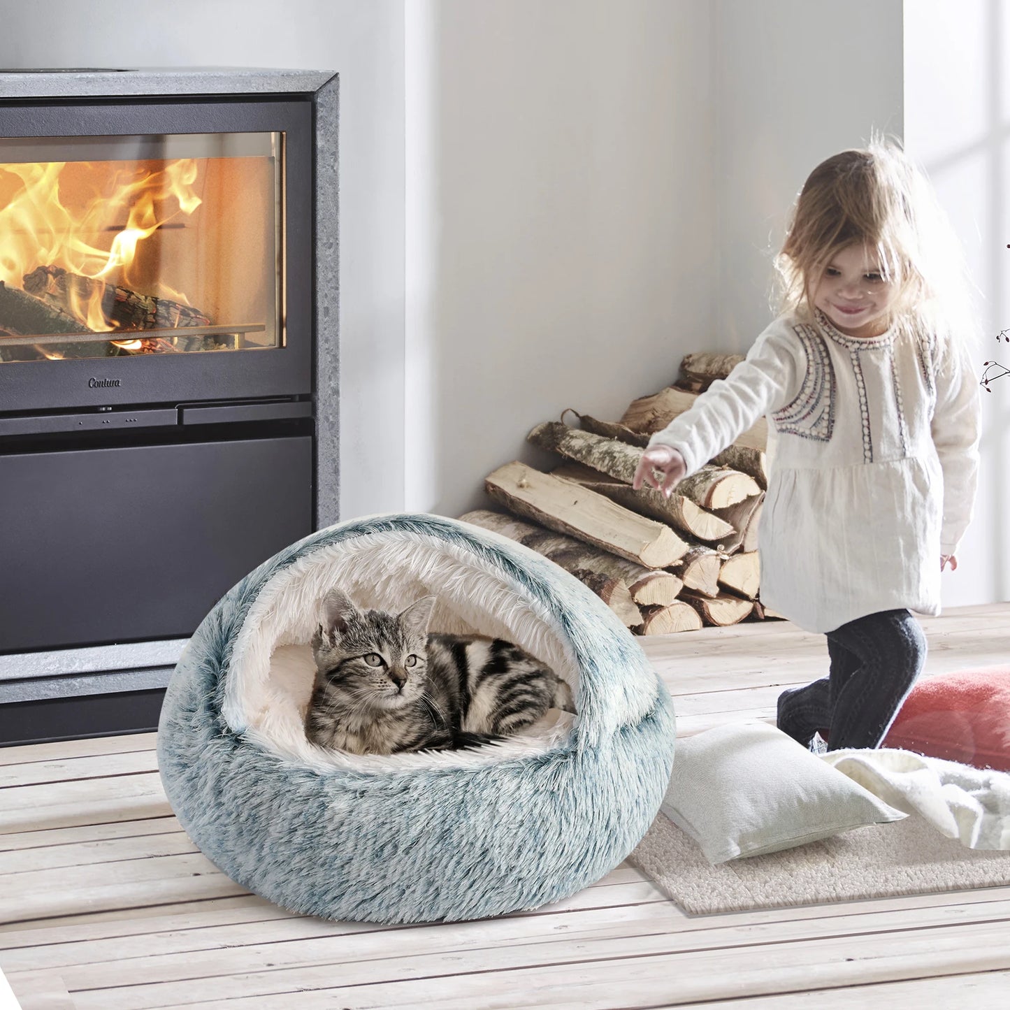 Soft Semi-Enclosed Cat Dog Nest Bed For Indoor Pet Comfort