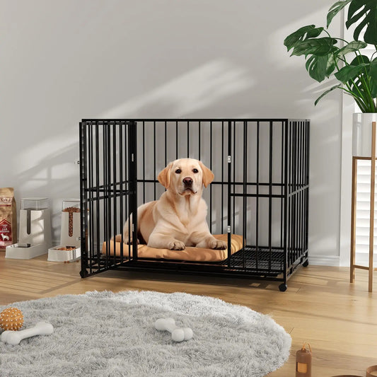 HiMISS Indestructible Heavy Duty Stainless Steel Dog Crate With Wheels