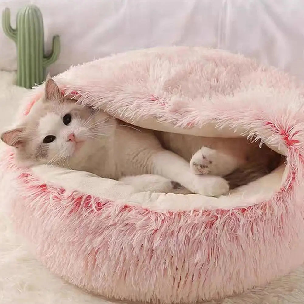 Winter Plush Round Cat Bed 2 In 1 Sleeping Nest For Small Dogs