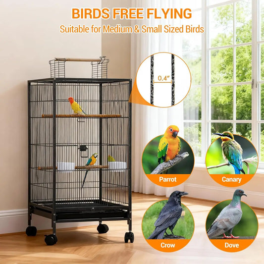 40 inch Wrought Iron Bird Cage with Play Open Top and Rolling Stand,Hanging Bird Cage with Slide-Out Tray Water Bottle Feeder fo