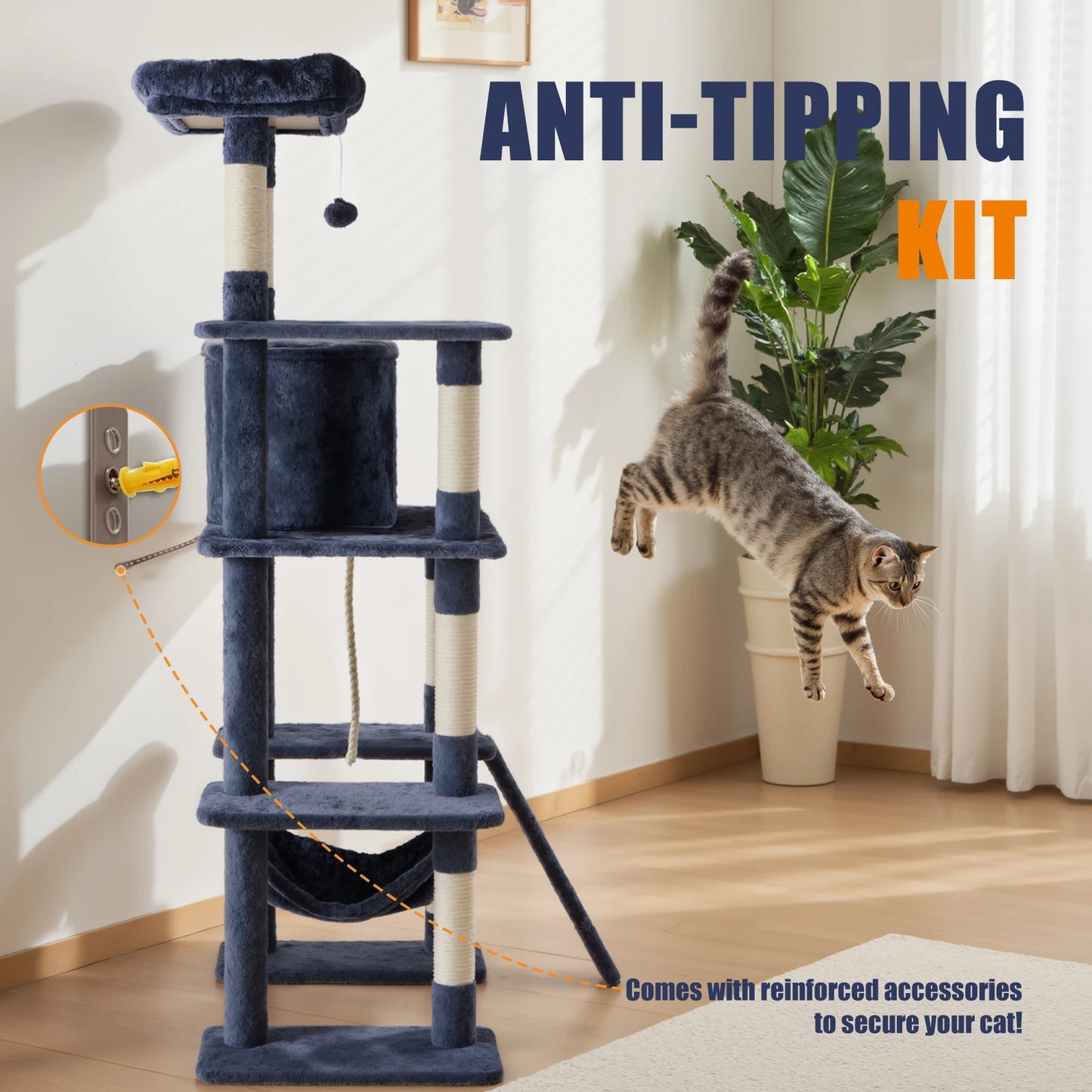 JHK 63In Cat Tree Tall Multi-Cat Climbing Tower for Pet Furniture Natural Sisal Scratching Posts Stable Pet House for Indoor Cat