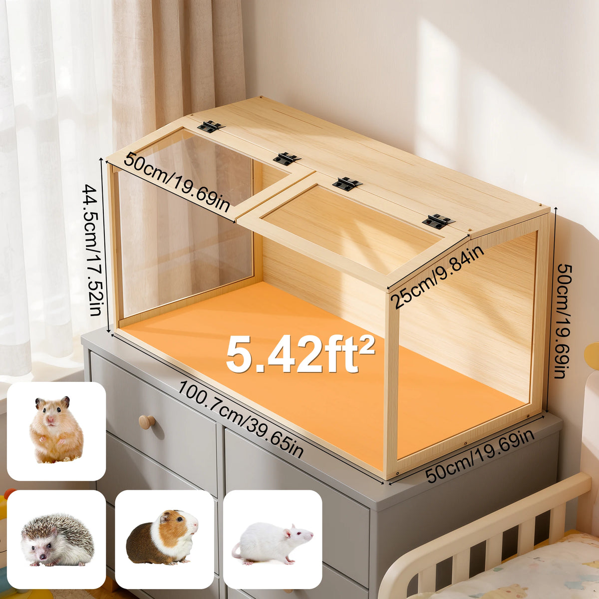 Large Wooden Hamster Cage Clear Tempered Glass Pet Small Animal Habitat Cage Playful House Built-in LED Light with Openable Roof