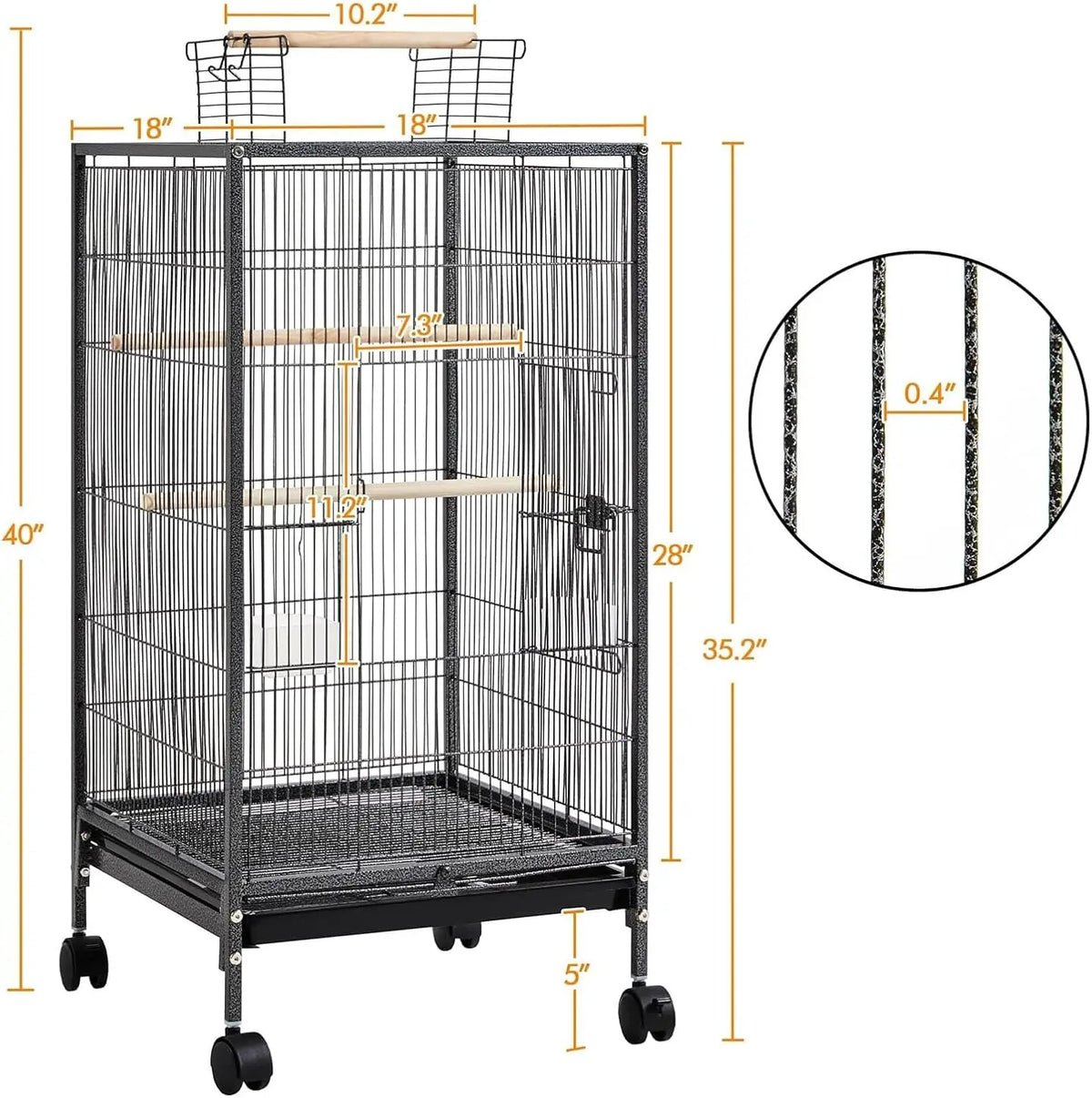 40 inch Wrought Iron Bird Cage with Play Open Top and Rolling Stand,Hanging Bird Cage with Slide-Out Tray Water Bottle Feeder fo