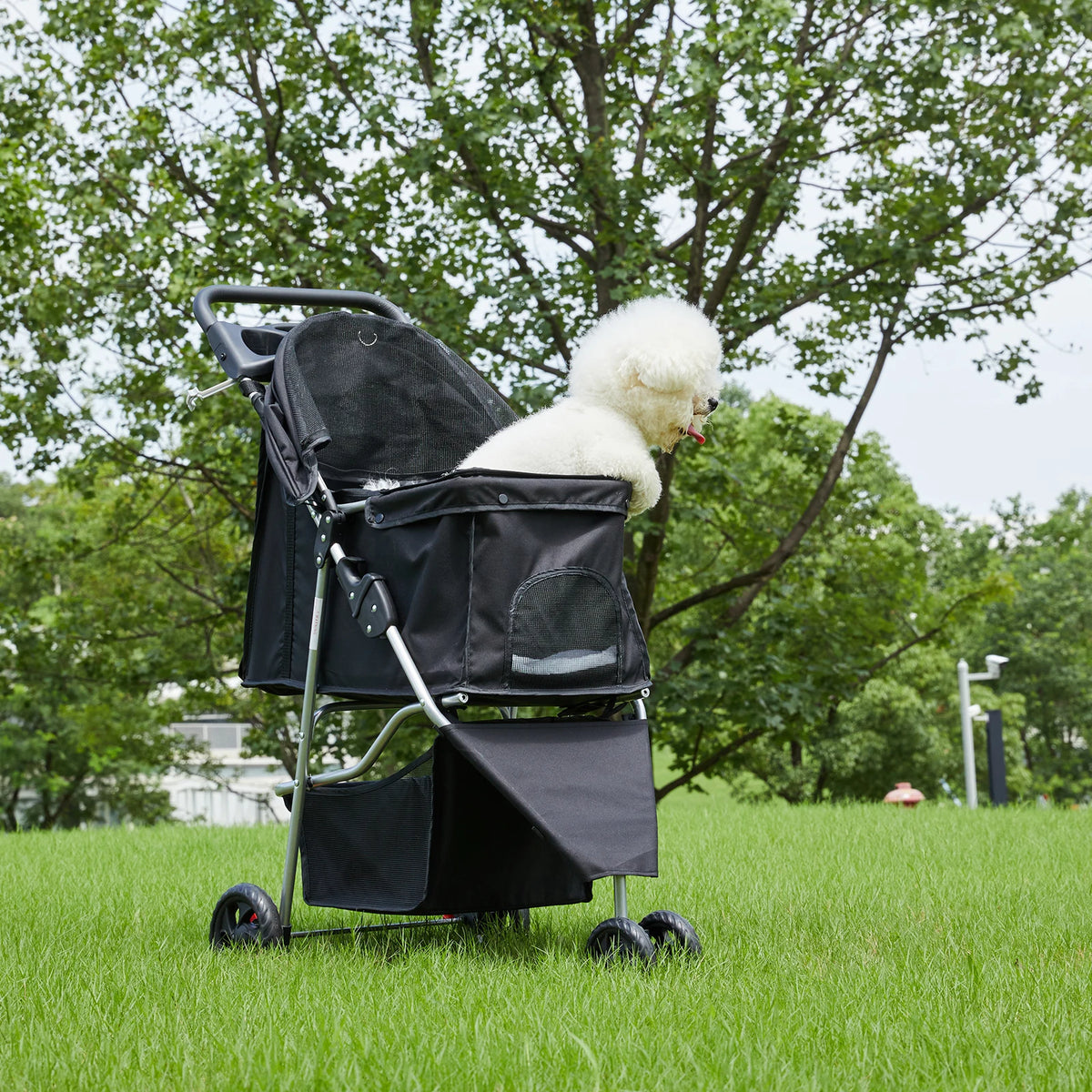 Lightweight Foldable Pet Stroller With Mesh Ventilation And Storage Basket