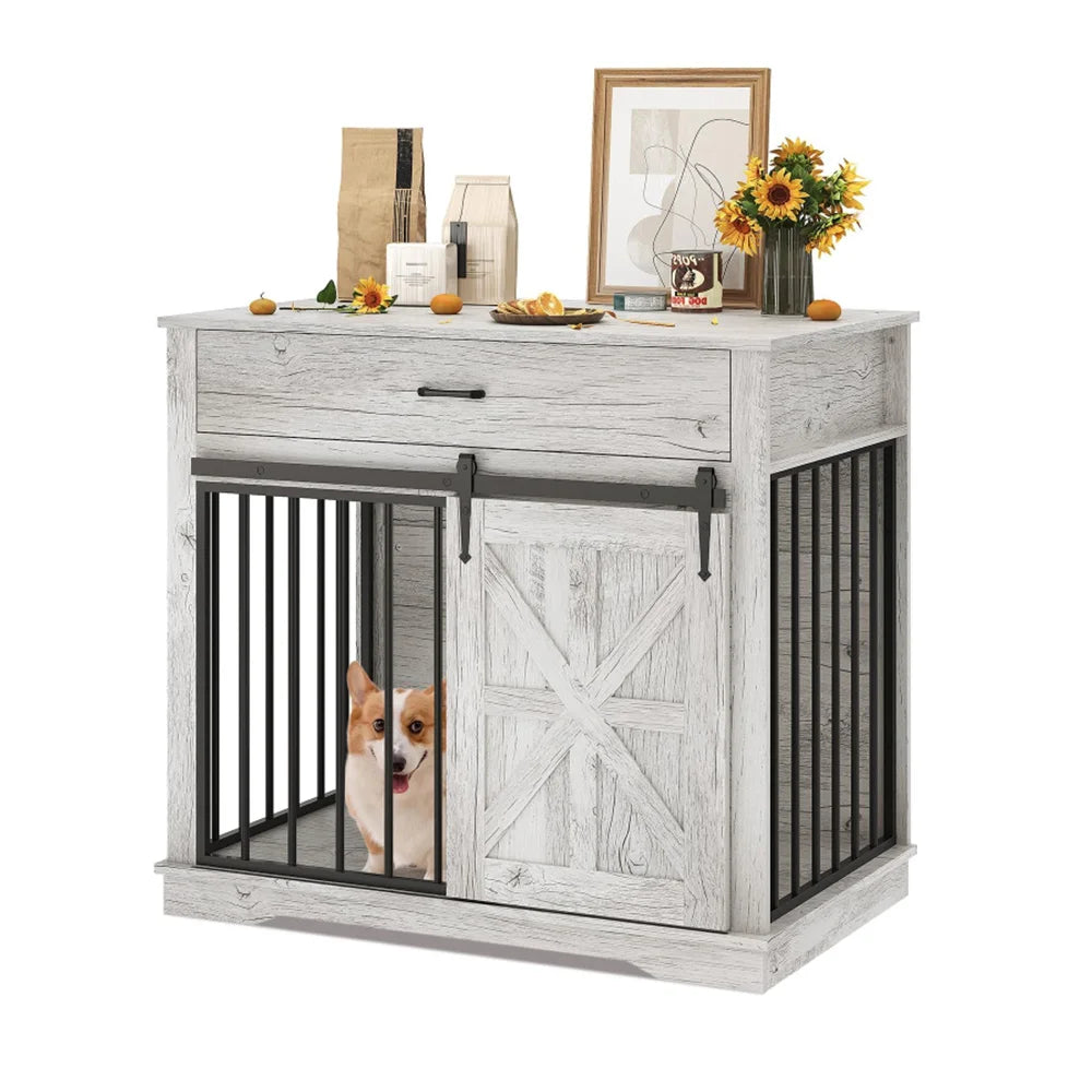 HiMISS Farmhouse Dog Crate Furniture End Table With Sliding Barn Doors Drawer