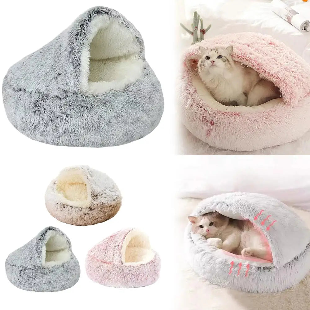 Winter Plush Round Cat Bed 2 In 1 Sleeping Nest For Small Dogs