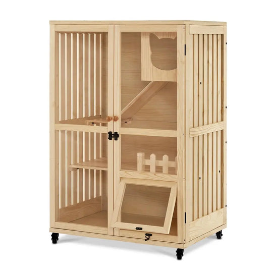Luxury Wooden Cat Villa For Indoor Cats With Scratching Pad And Lockable Doors