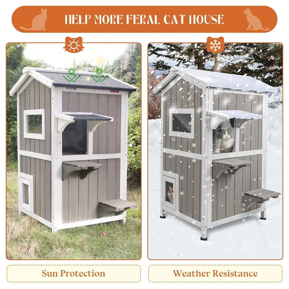 Outdoor Weatherproof Cat House 2 Story Wooden Shelter For Cats