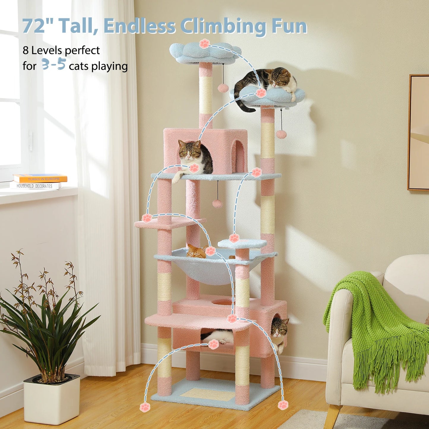 PETEPELA Cat Tree Tower With Sisal Posts, Hammock, Perches, Condos