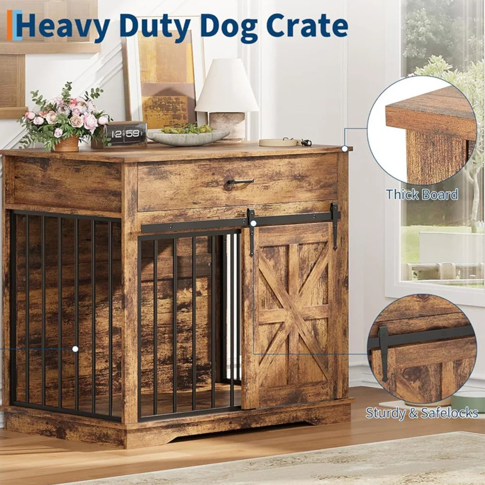 HiMISS Farmhouse Dog Crate Furniture End Table With Sliding Barn Doors Drawer