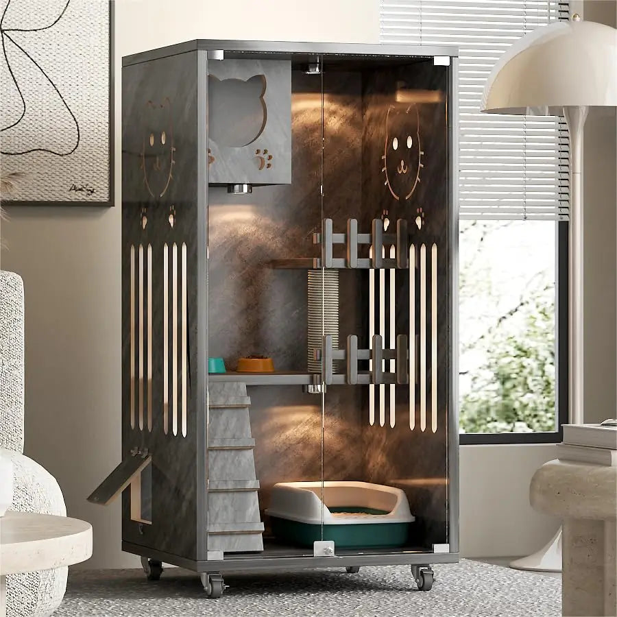 Wooden Cat House With Scratcher Wheels Indoor Ventilated Glass Doors