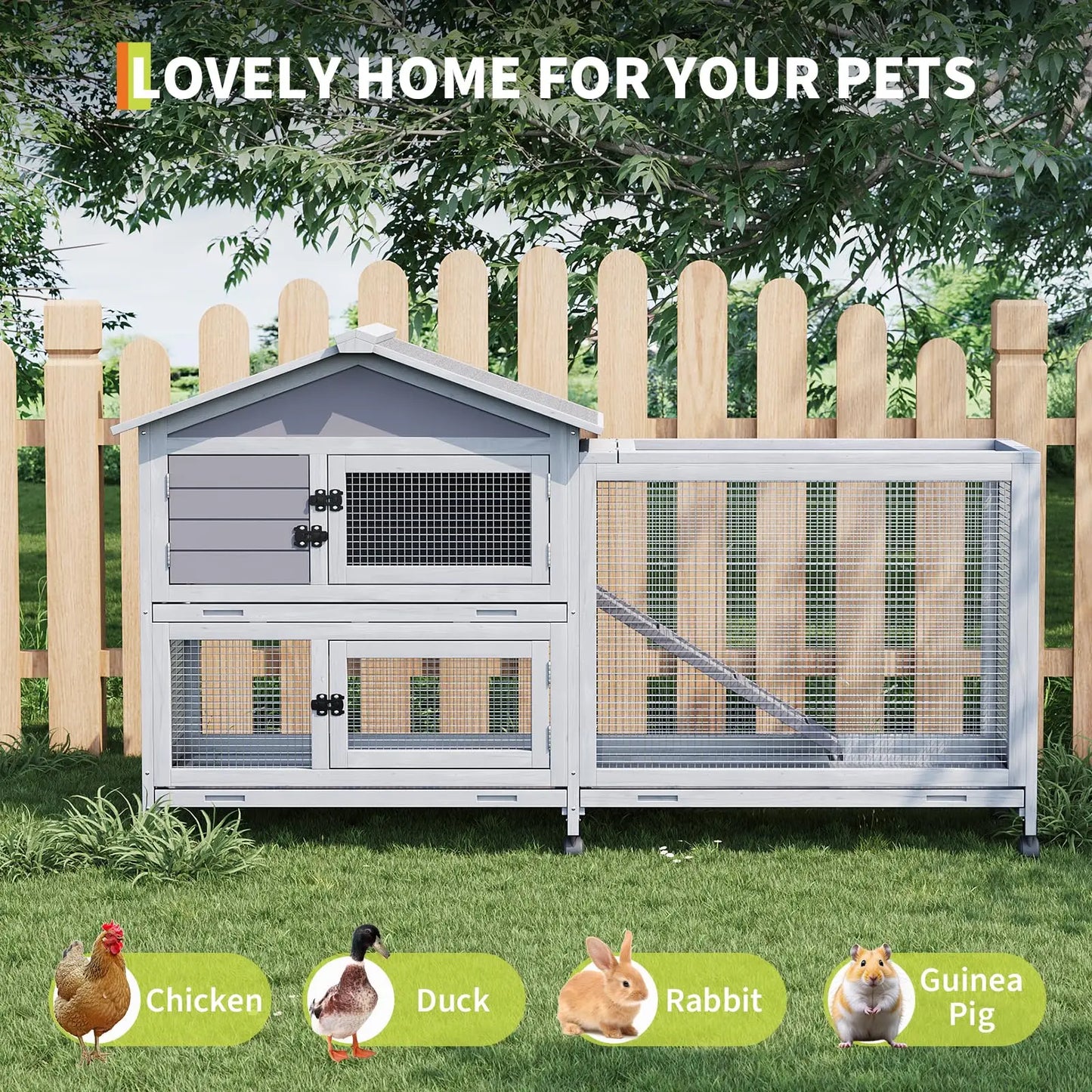 HiMISS Two Story Weatherproof Rabbit Hutch With Lockable Wheels Indoor Outdoor