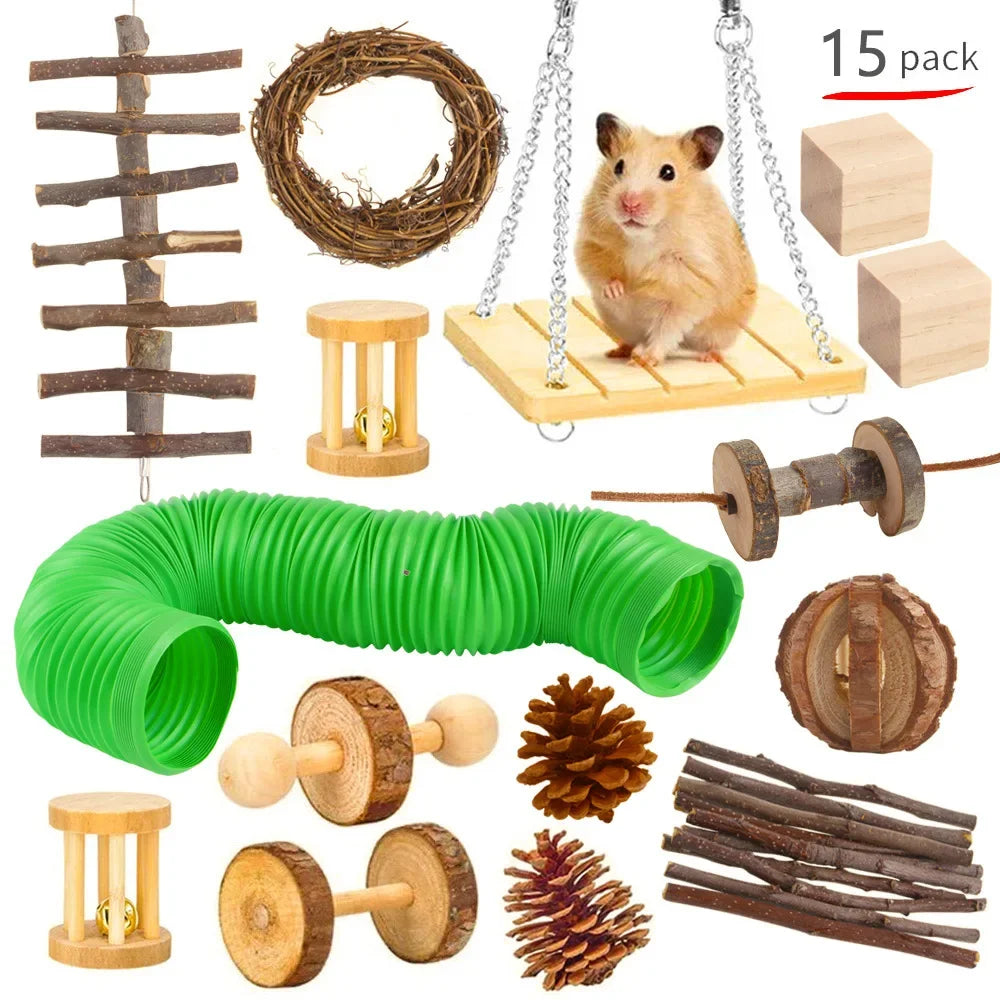 Combination Wooden Toy Set For Hamsters Rabbits Parrots Guinea Pigs