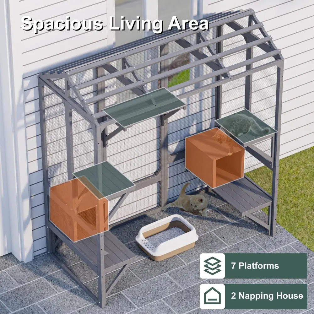 Outdoor Cat Enclosure For Multiple Cats With Waterproof Cover