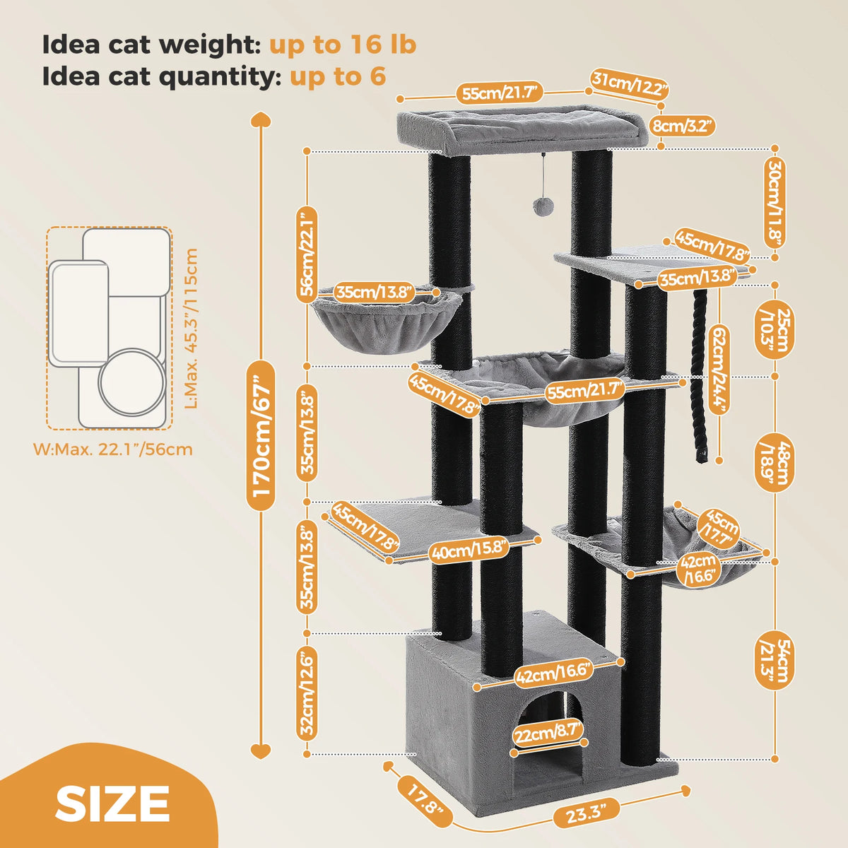 PAWZ Road Multi-Level Cat Tree with Hammock and Sisal Posts