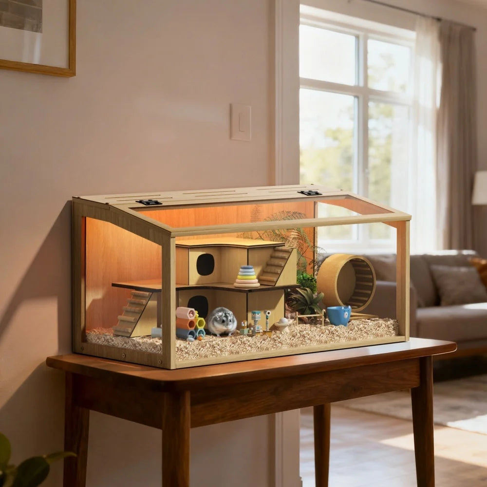 Large Wooden Hamster Cage Clear Tempered Glass Pet Small Animal Habitat Cage Playful House Built-in LED Light with Openable Roof