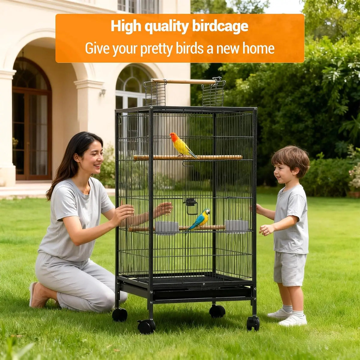 101cm Large Bird Cage Play Open Top Budgie Cage with Rolling Stand Slide-Out Tray Water Bottle Feeder, Indoor Outdoor Cage