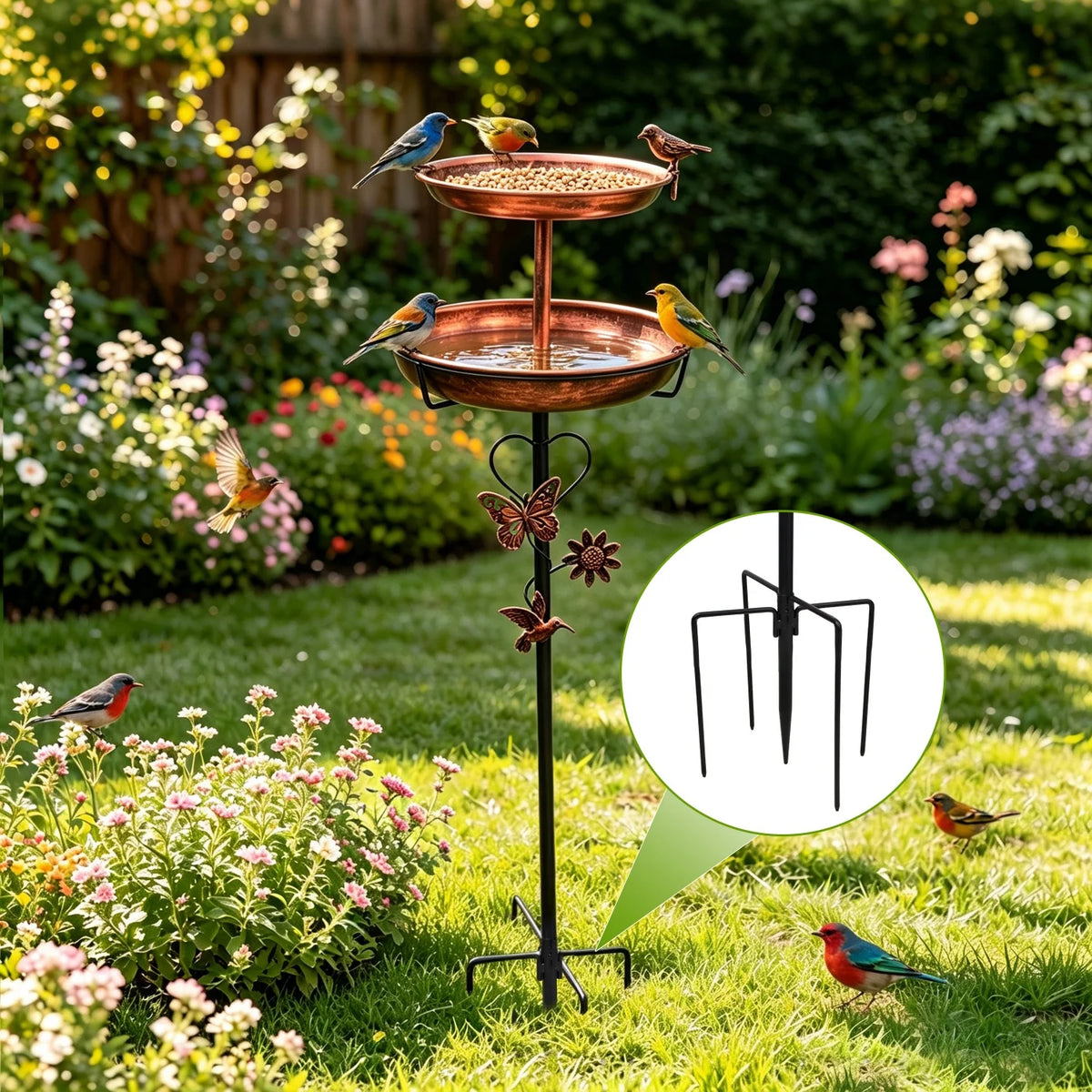 118cm Double Layer Bird Bath Stand for Outside Metal Birdbaths Feeder Bowls with 5-Pronged Base for Garden Patio Yard Lawn Decor