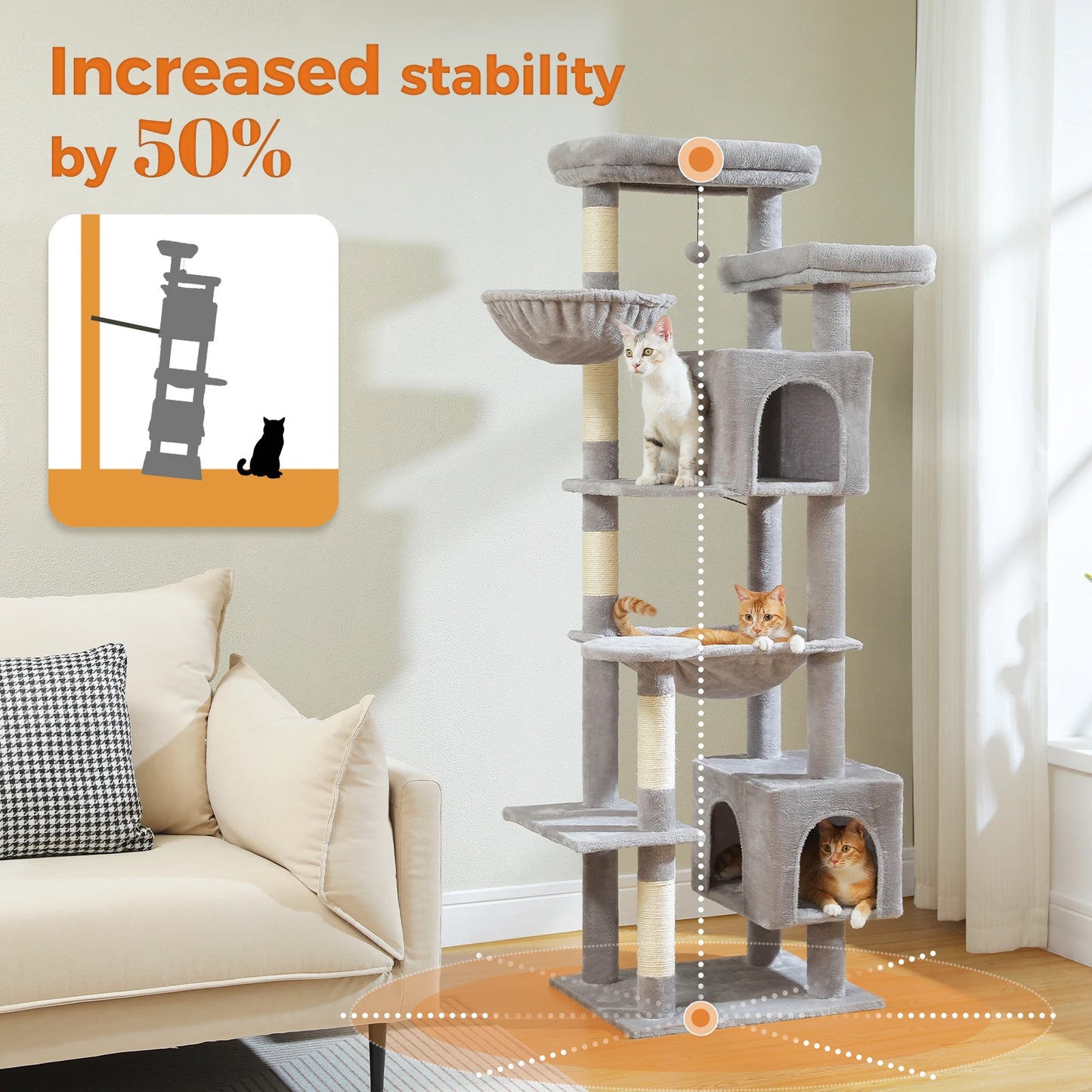 PAWZ Road Tall Cat Tree for Indoor Cats with Hammock and Scratching Posts