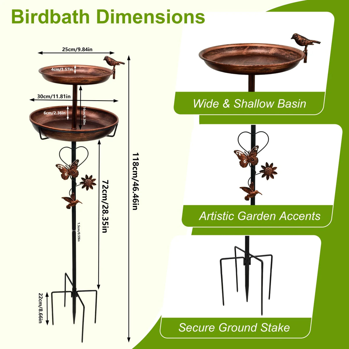 118cm Double Layer Bird Bath Stand for Outside Metal Birdbaths Feeder Bowls with 5-Pronged Base for Garden Patio Yard Lawn Decor