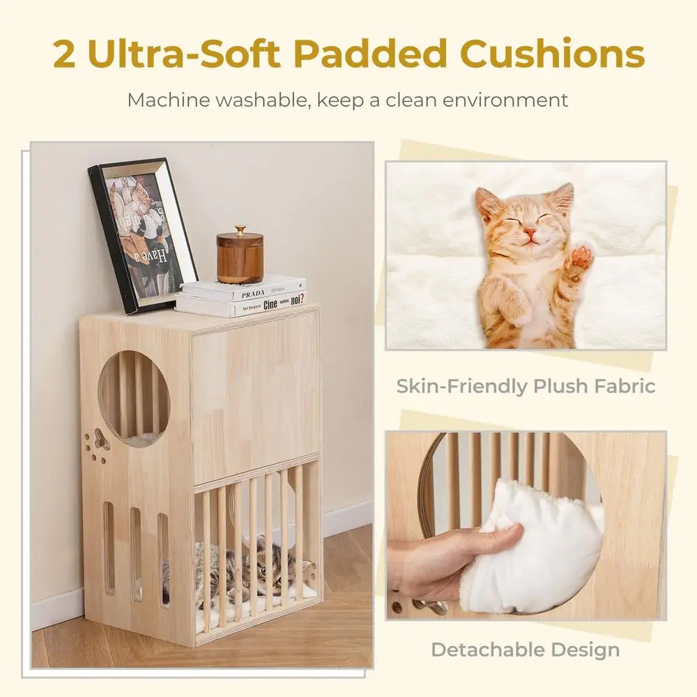 Two Tier Luxury Wood Cat House With Plush Cushions