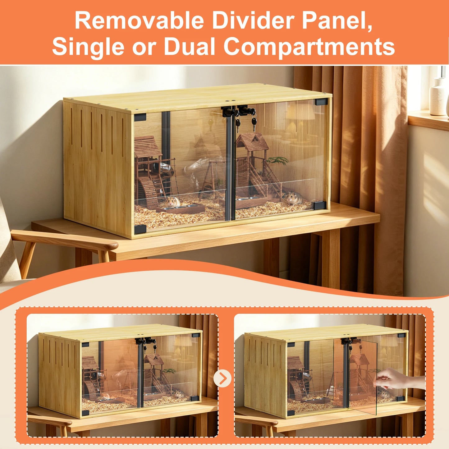Wooden Hamster Cage With Dual Doors And Removable Divider Chew Proof