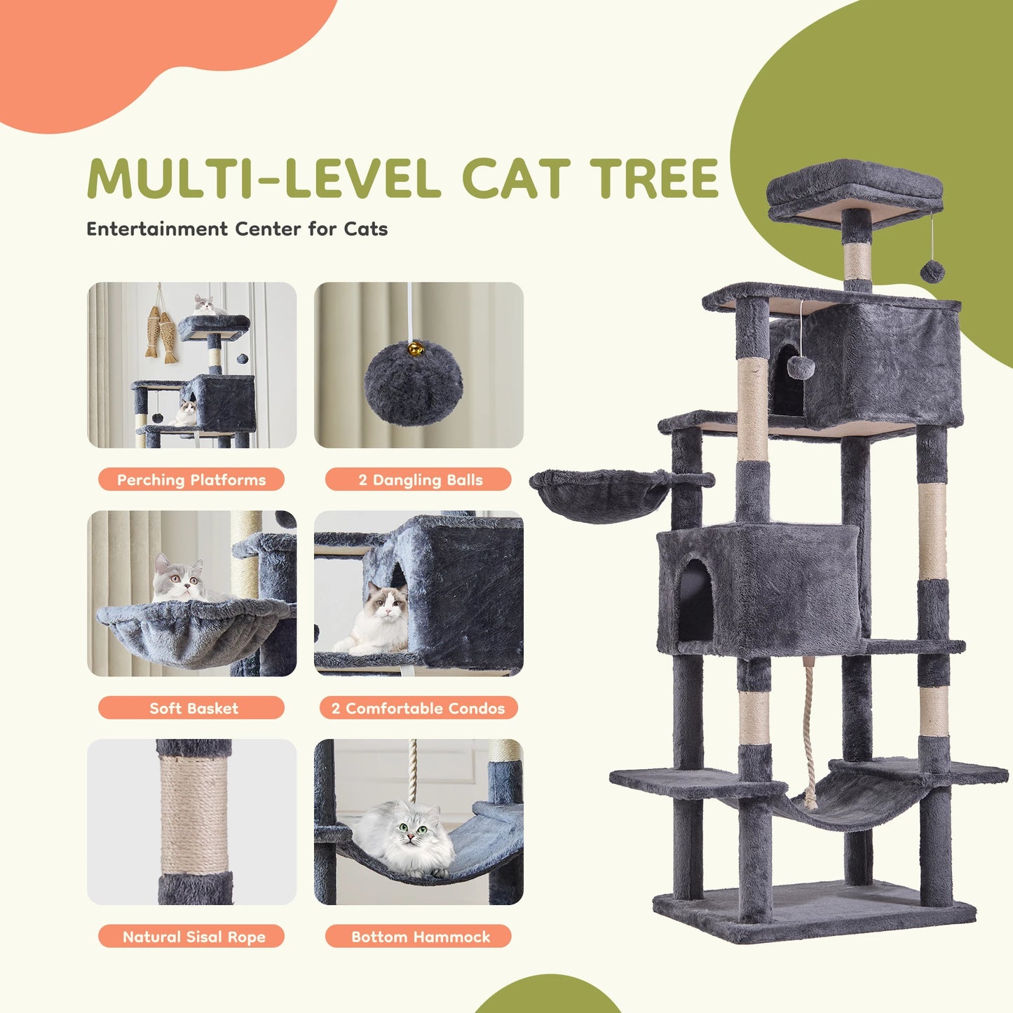 JHK Cat Tree Tower 66 Inch Large Multi Level Cat Climbing Tower with Condo Natural Sisal Scratching Posts Pet House for Indoor