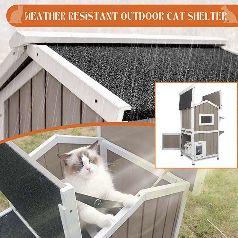 Outdoor Weatherproof Cat House 2 Story Wooden Shelter For Cats