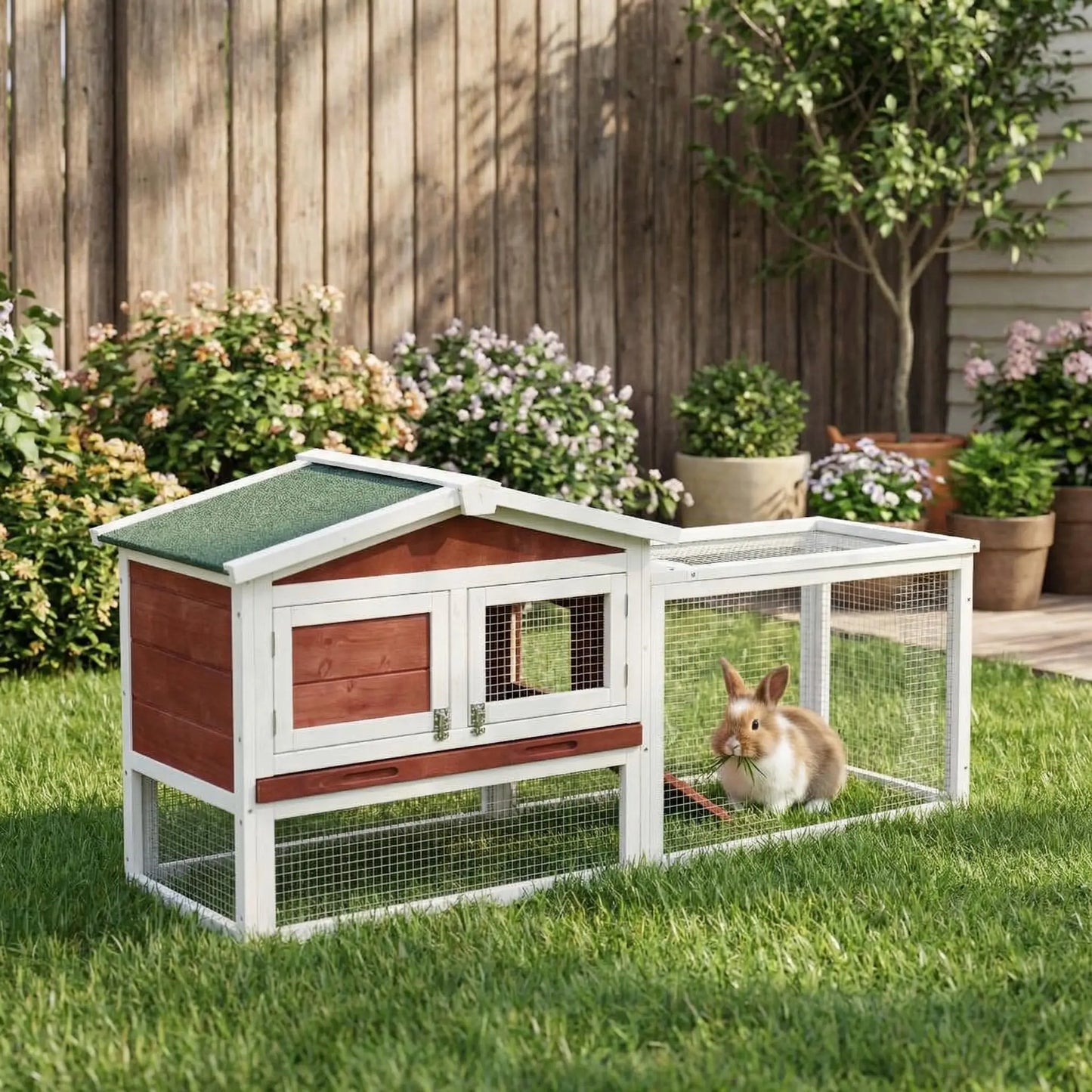 HiMISS Farm Animals Rabbit Hutch Outdoor 2 Tier Wooden Cage With Ramp