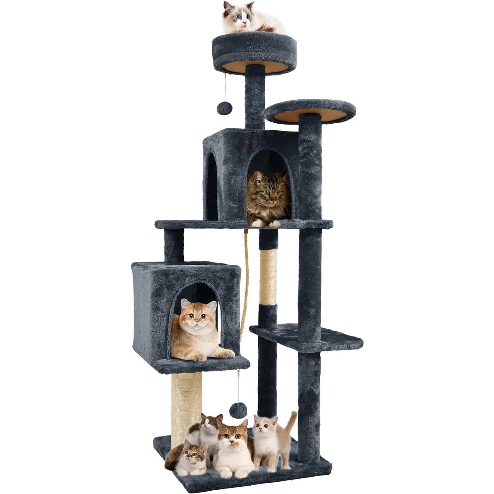 Large Multi-Level Cat Tree Condo Indoor Climbing Tower Scratching Post Sisal Soft Plush Black Grey